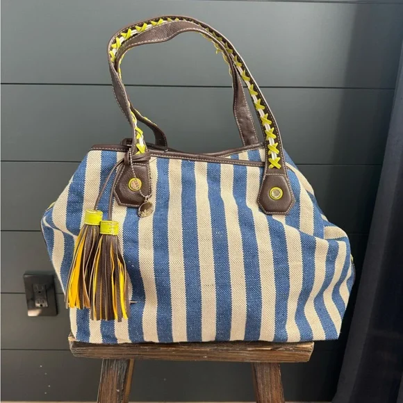 Big Buddha Swesley Blue and White Striped Tribal Tote Bag - Picture 13 of 13